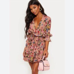 PrettyLittleThing NWT Nude Floral Frill Detail Pleated Skater Dress Size 6